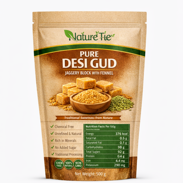 NatureTie Pure Desi Gud with Fennel (Saunf) – Natural Jaggery Blocks, Digestive & Chemical-Free Sweetener